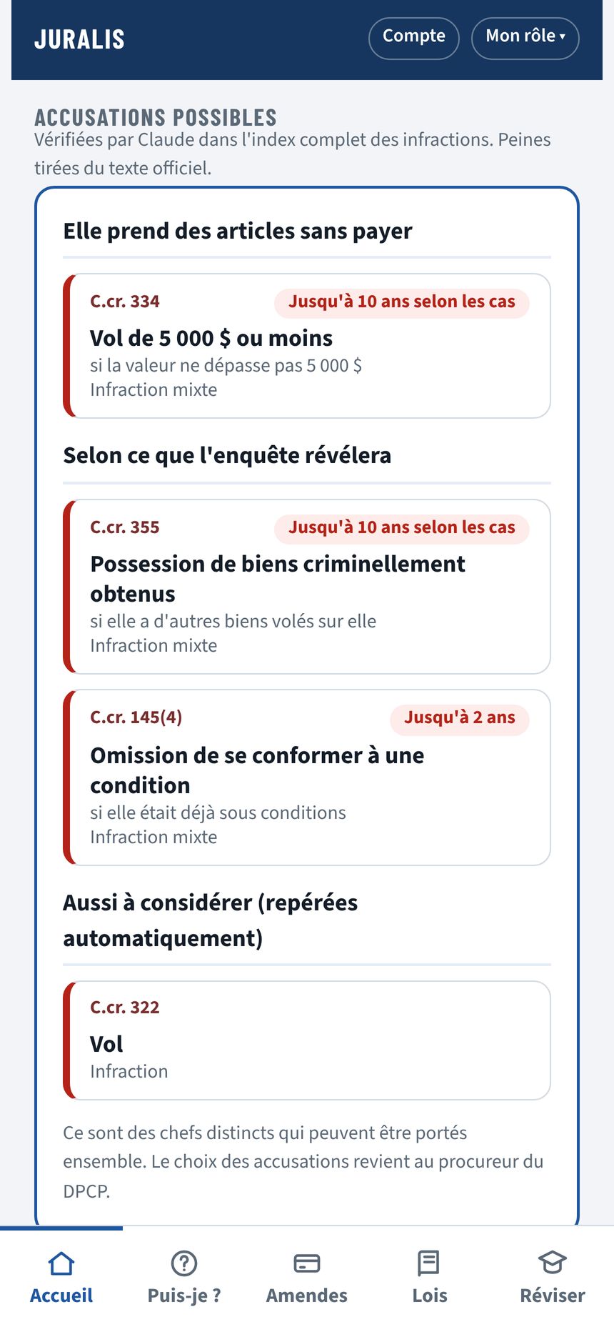 Liste des accusations possibles avec la peine maximale de chacune