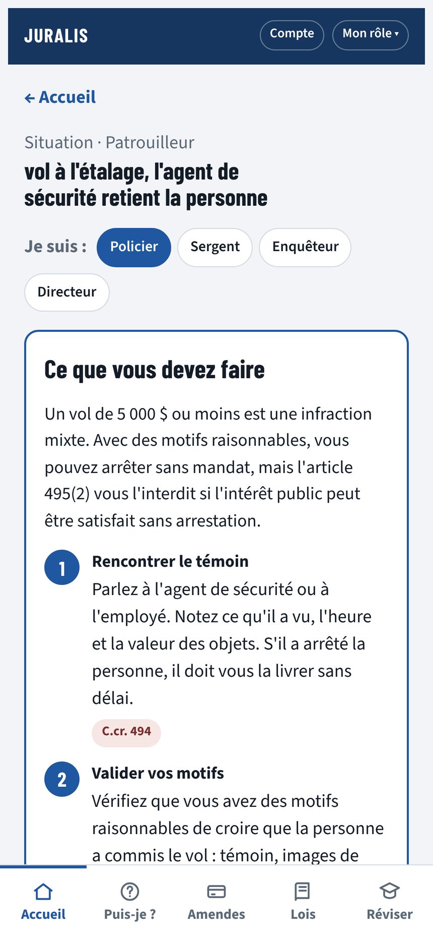 Écran « Ce que vous devez faire » pour un vol à l'étalage, avec les étapes et les articles cités